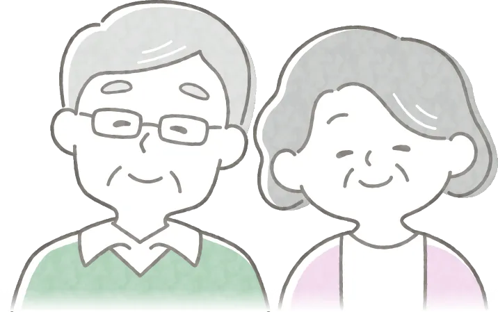 笑顔で笑いかける年配ご夫婦の水彩画風イラスト